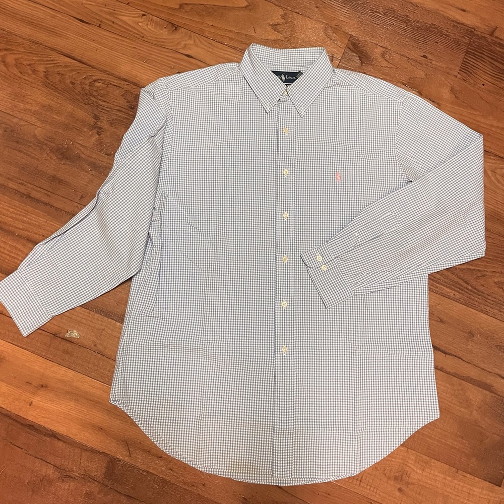 Vintage Ralph Lauren Polo Shirt. Blue and White Checkered. Pink Pony BD EUC